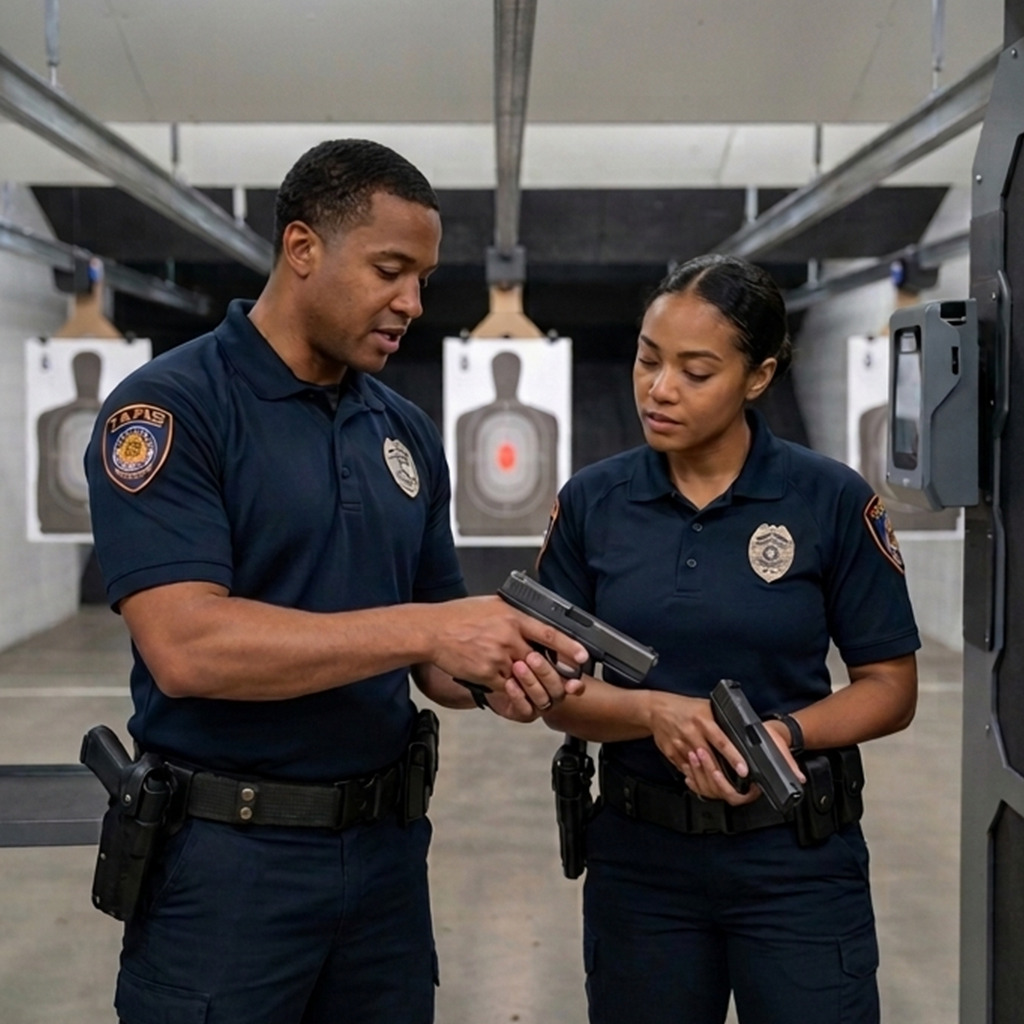 Armed security patrol officer protecting critical infrastructure facility, professional uniform, tactical equipment
