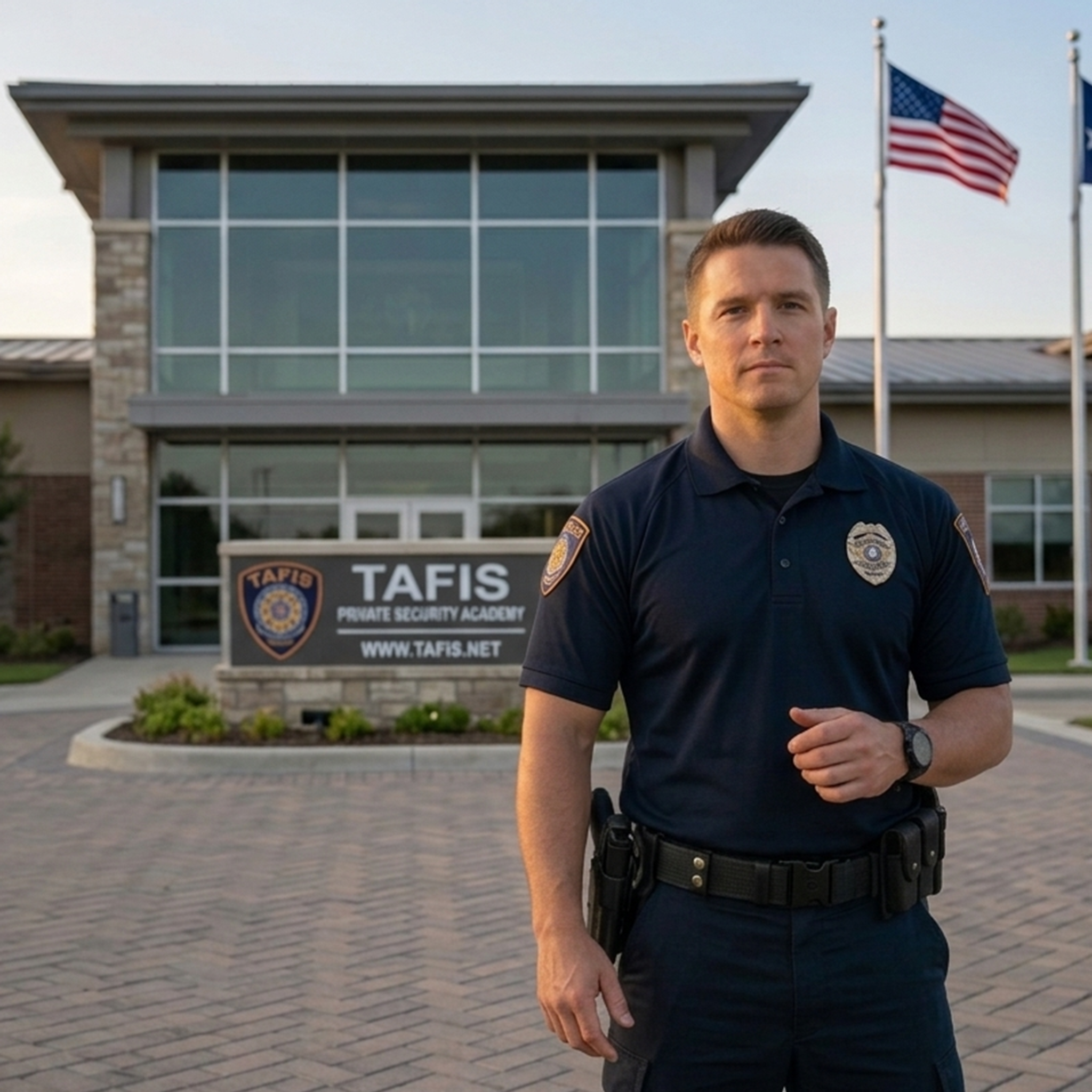Professional security officer carrying holstered handgun on duty in Texas, confident stance, outdoor daylight
