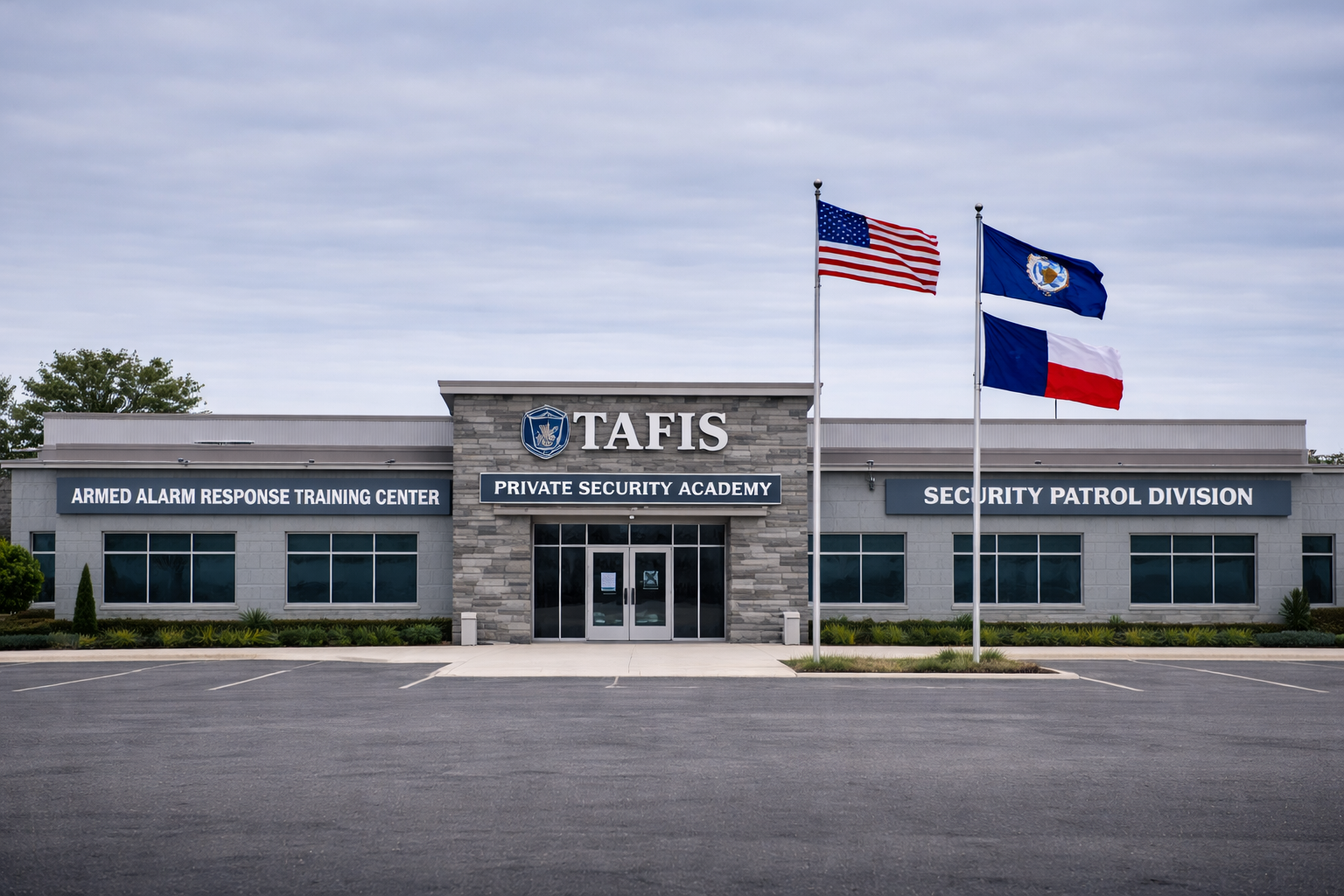 professional security training academy scene with armed and unarmed security officers in tactical gear training in modern facility, Texas environment, high quality professional photography