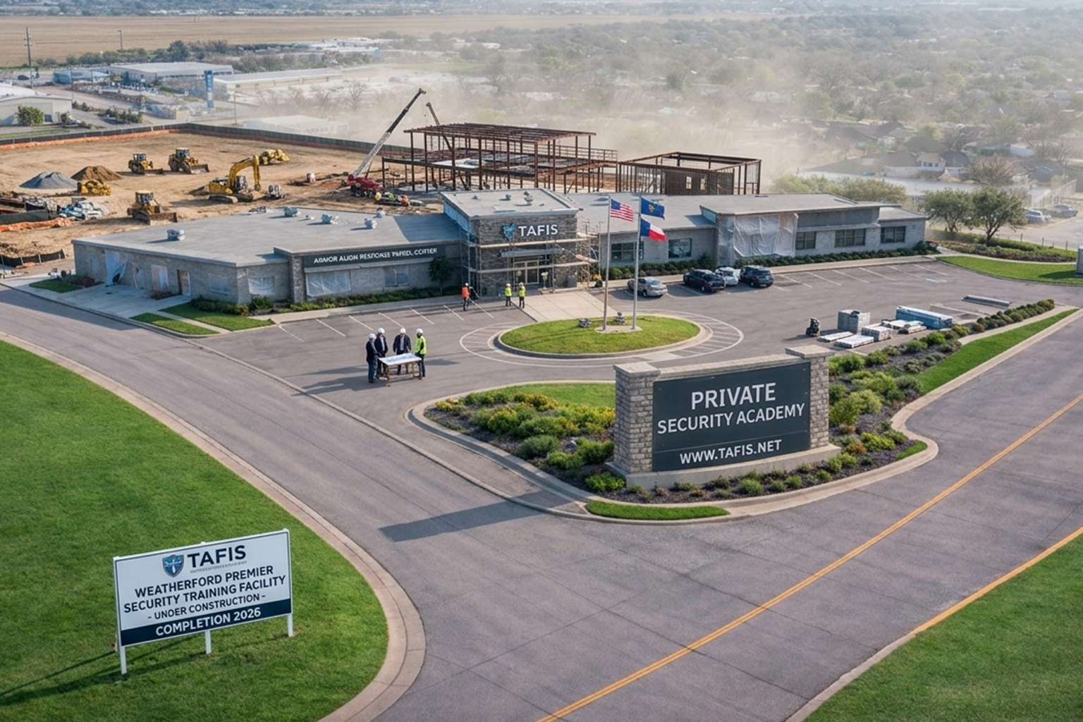 modern security training classroom with professional instructors teaching security officers, Texas academy setting, professional photography